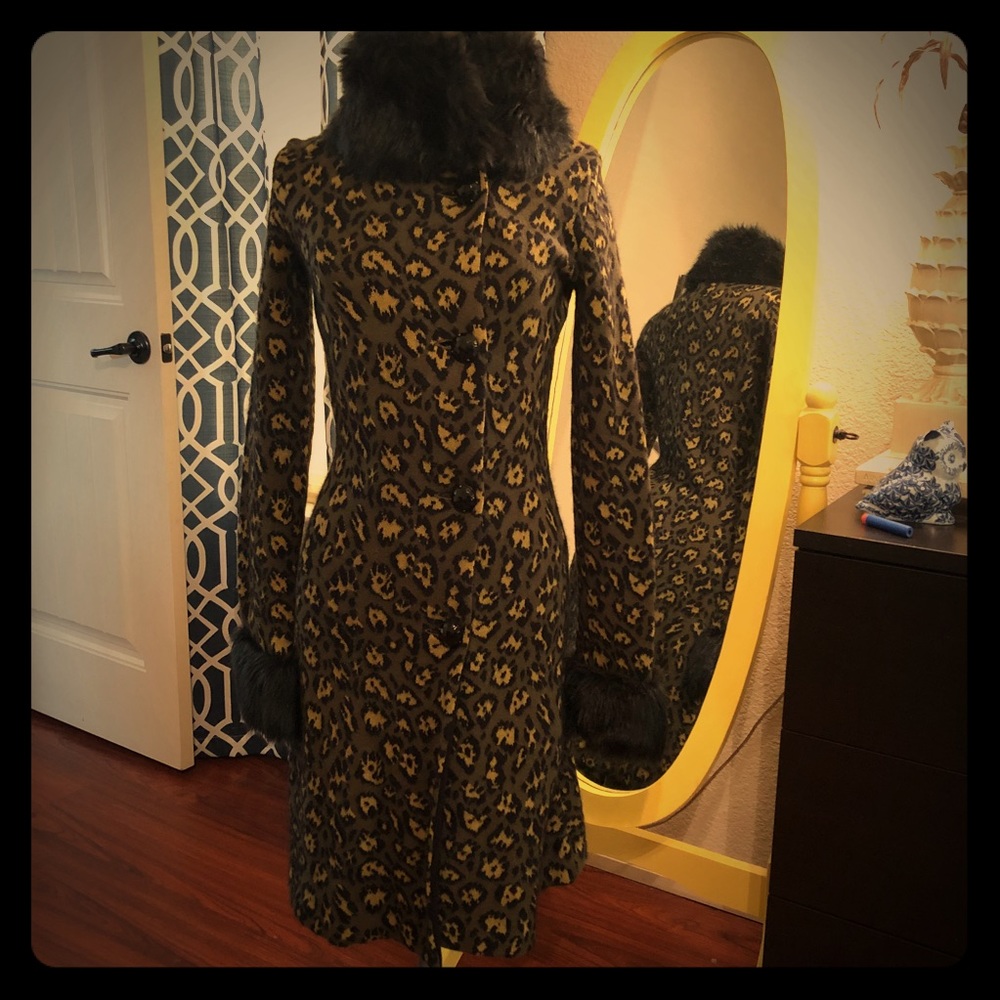 Betsey Johnson Leopard Sweater Coat with Faux Fur